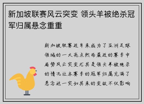 新加坡联赛风云突变 领头羊被绝杀冠军归属悬念重重 新加坡联赛风云突变 领头羊被绝杀冠军归属悬念重重