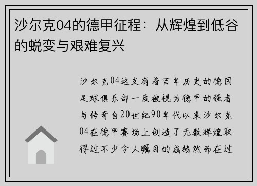 沙尔克04的德甲征程:从辉煌到低谷的蜕变与艰难复兴 沙尔克04的德甲征程:从辉煌到低谷的蜕变与艰难复兴