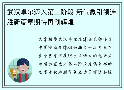 武汉卓尔迈入第二阶段 新气象引领连胜新篇章期待再创辉煌 武汉卓尔迈入第二阶段 新气象引领连胜新篇章期待再创辉煌