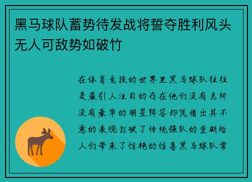 黑马球队蓄势待发战将誓夺胜利风头无人可敌势如破竹 黑马球队蓄势待发战将誓夺胜利风头无人可敌势如破竹