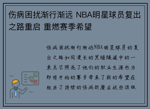伤病困扰渐行渐远 NBA明星球员复出之路重启 重燃赛季希望 伤病困扰渐行渐远 NBA明星球员复出之路重启 重燃赛季希望