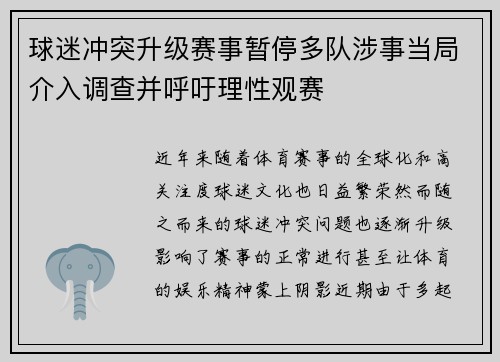 球迷冲突升级赛事暂停多队涉事当局介入调查并呼吁理性观赛 球迷冲突升级赛事暂停多队涉事当局介入调查并呼吁理性观赛